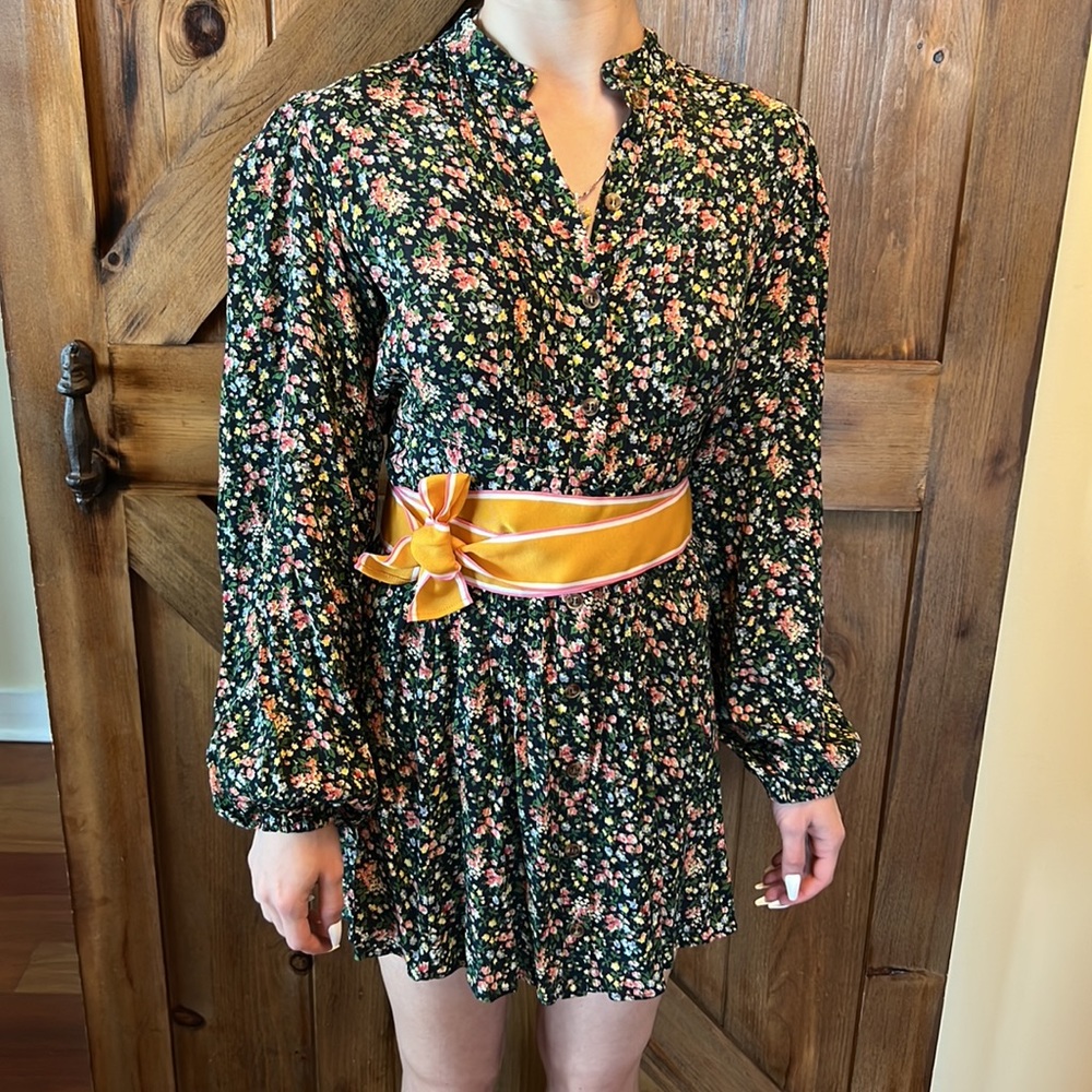 Sezane Dark Green Floral Mini Dress with Striped Waist Sash - Picture 6 of 13